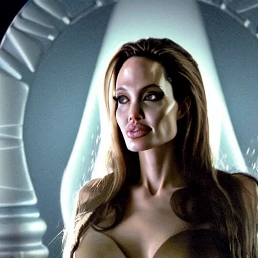 Prompt: promotional beautiful realistic portrait of <Angelina Jolie> as <Topanga Lawrence the Space Priestess> in the new movie directed by <Tetsuya Nomura>, <heavily armored and brandishing sci-fi blaster>, <perfect face>, movie still frame, promotional image, imax 70 mm footage