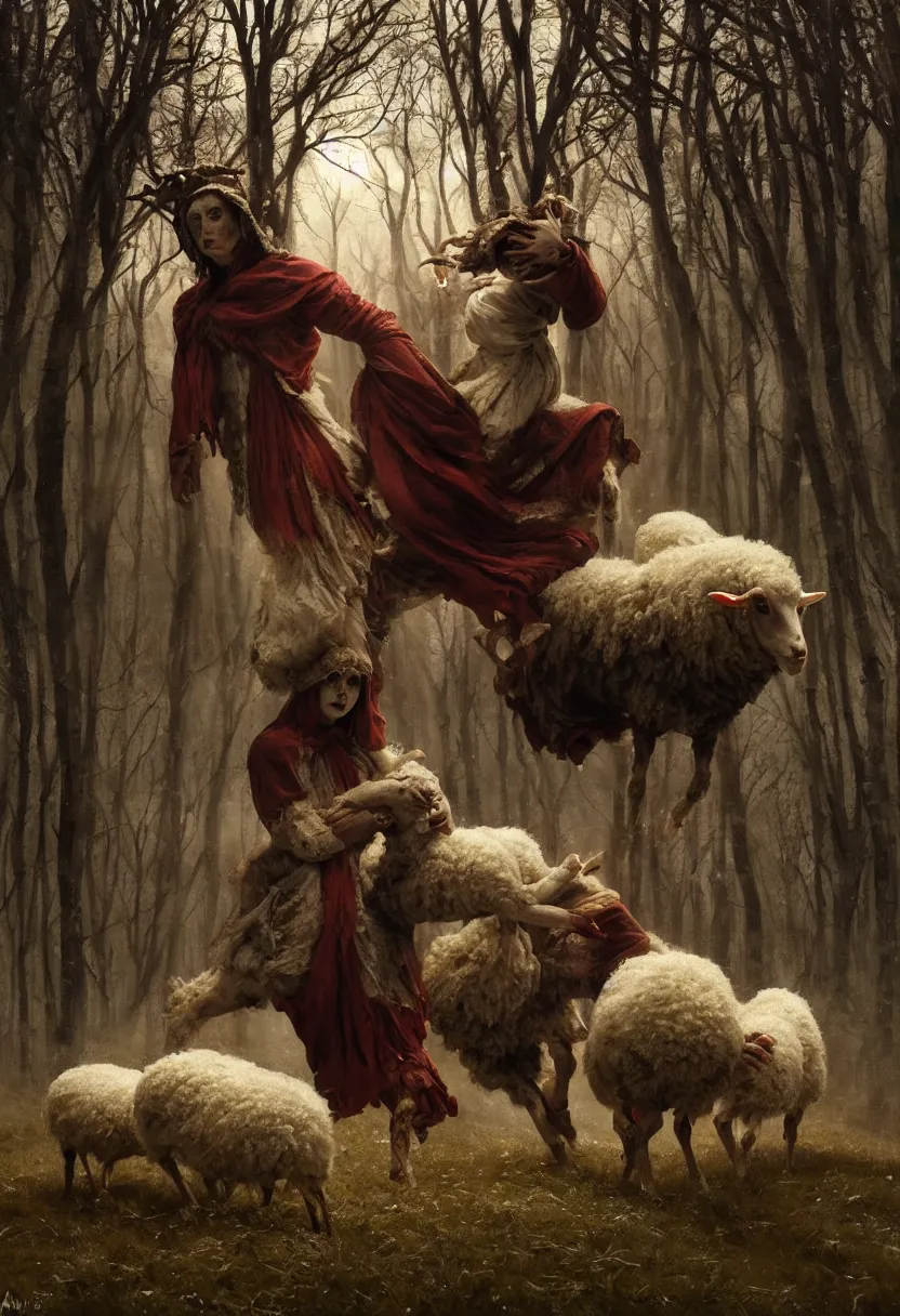 Image similar to spooky slavic pagan ritual with figure in sheep skin chasing away the winter. extremely high fidelity, 8 k, super resolution, cinematic view, super resolution, epic, hyperdetailed, digital painting, artstation, concept art, smooth, sharp focus, octane render, dramatic lighting, art by artgerm and greg rutkowski and alphonse mucha and wlop