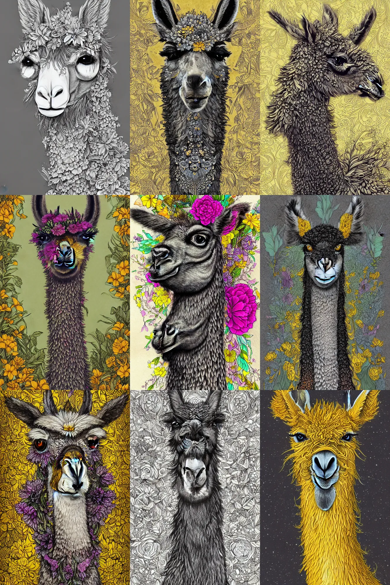 Prompt: Anthro Llama Portrait, magical, flowers, castleton yellow highlights, detailed intricate ink illustration, Llama, dark atmosphere, detailed illustration, hd, 4k, digital art, overdetailed art, concept art, art noveau, Llama, Trending on artstation, deviantart, watched, faved, read