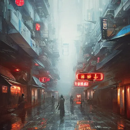 Image similar to a thousand sentient creatures covered in mountains and clouds. style of blade runner 2 0 4 9. i can understand why. a full length portrait of a spotless mind controlled, cyberpunk chinese street, by grosnez zak and