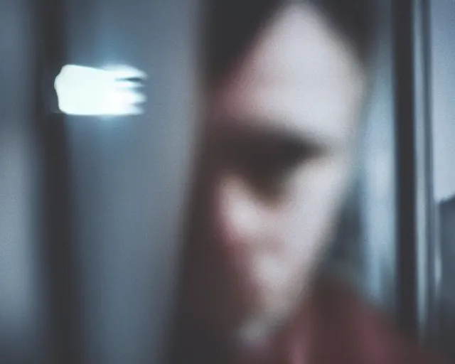 Prompt: aggressive psychopath looking at camera, horror lighting, at night, cctv footage, out of focus, motion blur