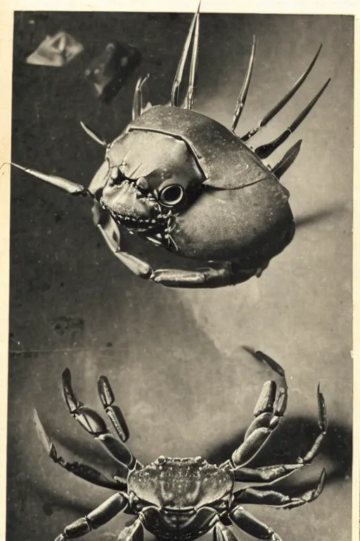 Prompt: a vintage photo of a creature that has the head of a man but the body of a crab