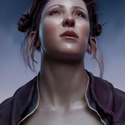 Image similar to epic portrait an beautiful waitress with short sleeved uniform, muscular, sweaty skin, hyperrealistic, expressive, emotional, moody, contre jour, octane render, cinematic, beautiful face and flawless skin, perfect hands, 5 fingers, by Edgar Maxence and Ross Tran and Michael Whelan, Legends of Runeterra