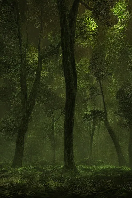 Image similar to dark rainy forest, hyperrealistic, dynamic lighting, intricate detail, cinematic volume glowing aura global illumination ray tracing hdr