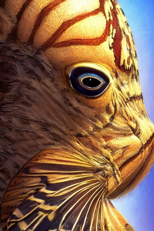 Prompt: sealer cockatrice monarch butterfly,art by Simon Bisley and Darrell K. Sweet,trending on artstation, shaggy lighting closeup view,gigapixel,profile picture,in the golden hour,blender 3d,creature concept art,