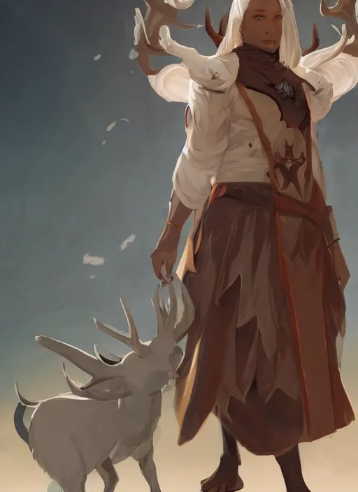 Image similar to concept art painting of a fully clothed person with brown skin and short white hair, demon horns, deer ears, blue tunic and robes, detailed, d & d style, cel shaded, in the style of ruan jia and artgerm and makoto shinkai and james gurney