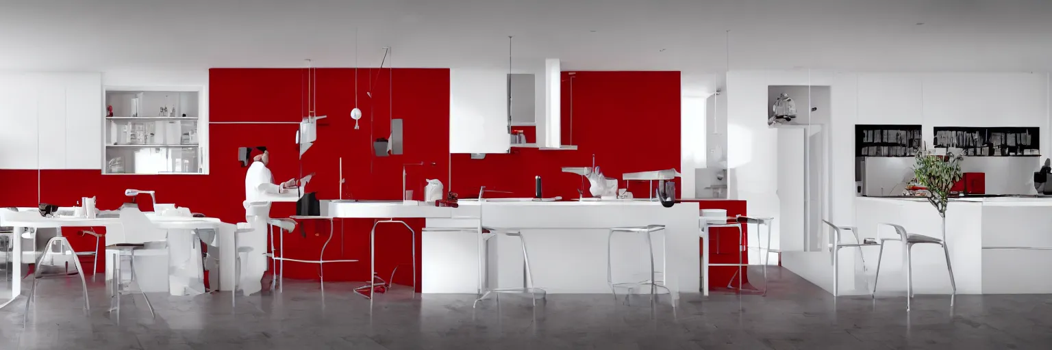 Prompt: photo of a black kitchen, red walls, white floortiles, architecture, concept art