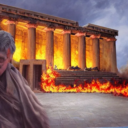 Image similar to a beautiful and realistic matte painting of the Temple of Herod aflame