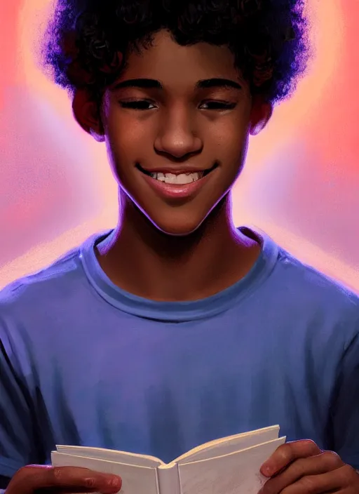 Image similar to portrait of teenage chuck clayton, black teenage boy, very short curly hair, very short hair, square jaw, slight excited smile, reading archie comic book, intricate, elegant, glowing lights, highly detailed, digital painting, artstation, concept art, smooth, sharp focus, illustration, art by wlop, mars ravelo and greg rutkowski