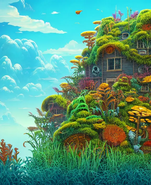 Image similar to an enormous schoolhouse made from exotic fungus, overgrown with weird huge colorful ferns, on the ocean, noon, sun drenched, partly cloudy, by dan mumford, yusuke murata, makoto shinkai, ross tran, cinematic, unreal engine, cel shaded, featured on artstation, pixiv