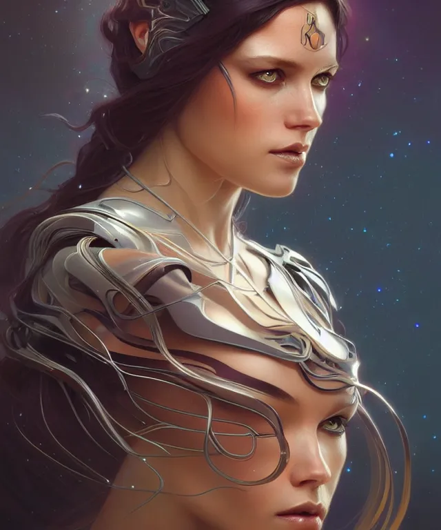 Image similar to futuristic woman portrait, sci - fi, amber eyes, face, long hair, fantasy, intricate, elegant, highly detailed, digital painting, artstation, concept art, smooth, sharp focus, illustration, art by artgerm and greg rutkowski and alphonse mucha