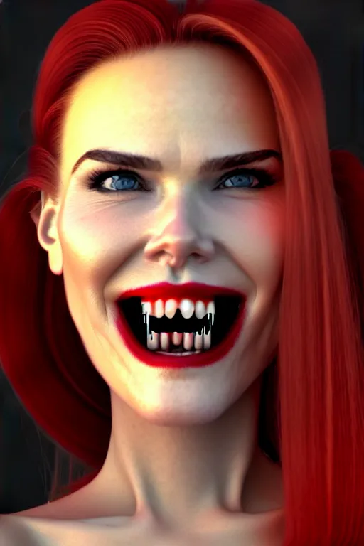 Image similar to mix of beautiful young maria shriver, mariel hemmingway, brooke shields, nicole kidman and elle macpherson as a vampire showing vampire teeth, ready to bite, thin lips, hair tied up in a pony tail, dark blonde hair, colorful, deviantart, artstation, cgsociety