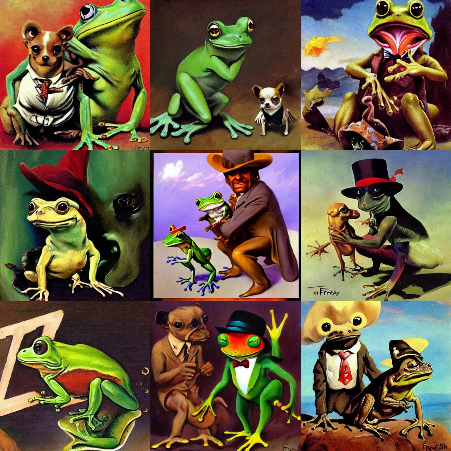 Prompt: dapper frog and chihuahua, fantasy painting by frank frazetta