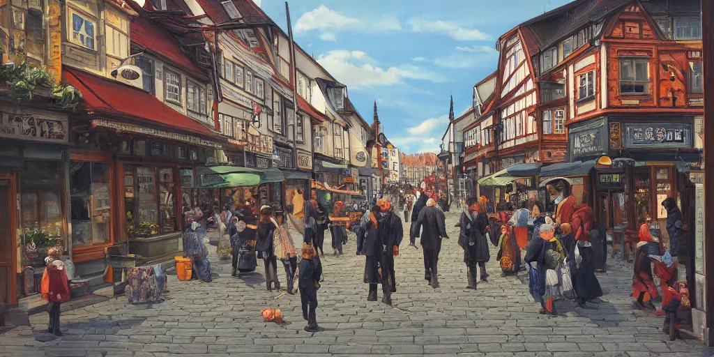 Prompt: Highly detailed oil painting of street life in stavanger by noon, strong atmosphere, oil painting masterpiece by Studio ghibli, symmetry, fractals