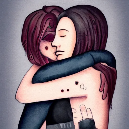 Image similar to Hot young woman, grey skin, void eyeballs, tattoos, wearing a leather jacket, hugging a shrouded person as they cry on her chest, comforting, touching, wholesome, digital art, concept art, watercolour, big sister, little brother, realistic 4k