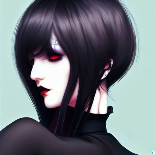 Image similar to goth gf e-girl, elegant, 2d, ultra highly detailed, digital painting, smooth, sharp focus, artstation, pixiv, art by Ilya Kuvshinov