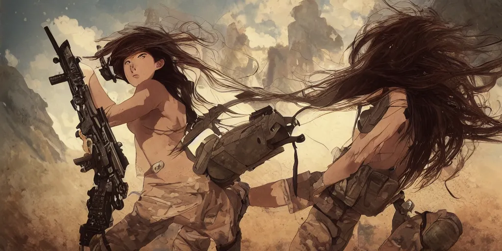 Image similar to soldier girl, alone, ground explosion, anime style, long hair, hair down, symmetrical facial features, under heavy fire, hyper realistic, pale skin, 4 k, rule of thirds, extreme detail, detailed drawing, trending artstation, hd, fantasy, d & d, realistic lighting, by alphonse mucha, greg rutkowski, sharp focus, backlit, soldier clothing