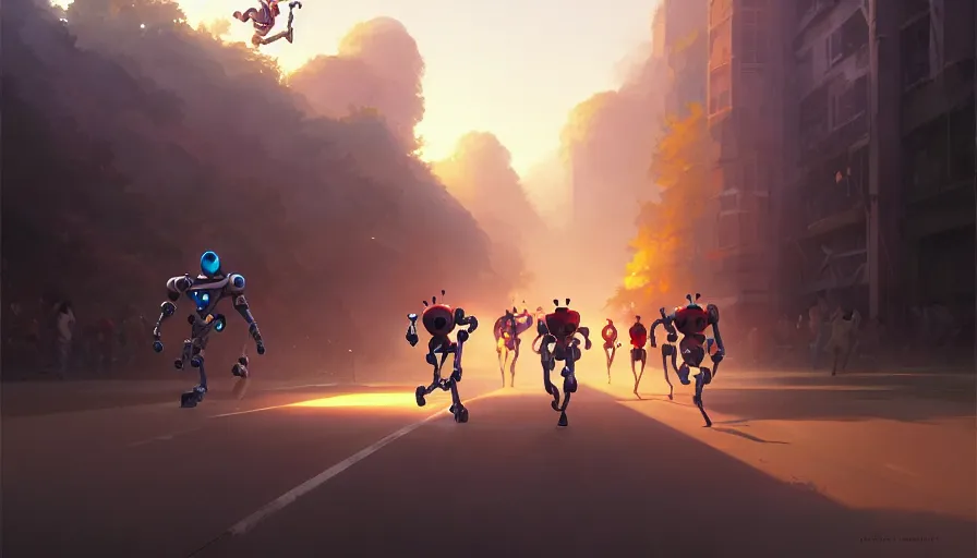 Prompt: running robots in a marathon, digital painting, illustration by pixar and artgerm and greg rutkowski and makoto shinkai, artstation