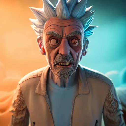 Image similar to full body pose, hyperrealistic photograph of rick sanchez from rick and morty, dim volumetric lighting, 8 k, octane beautifully detailed render, extremely hyper detailed, intricate, epic composition, cinematic lighting, masterpiece, trending on artstation, very very detailed, stunning, hdr, smooth, sharp focus, high resolution, award, winning photo, dslr, 5 0 mm