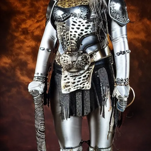 Prompt: photo of a female warrior wearing metal jaguar armour