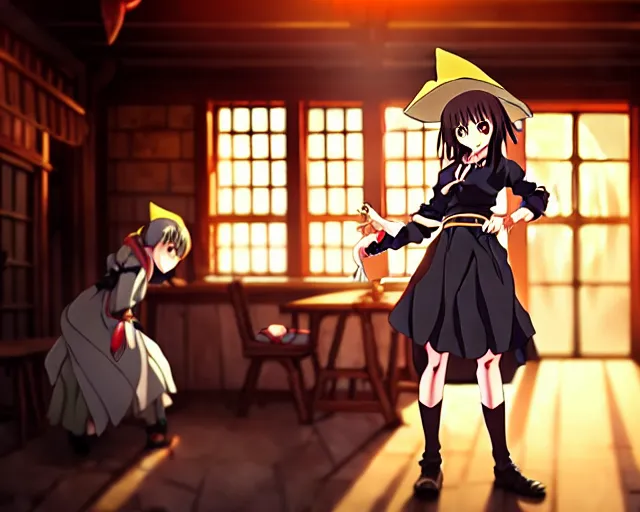 Image similar to key anime visual portrait of a young female witch in a tavern interior defending a companion, dynamic pose, dynamic perspective, cinematic, dramatic lighting.