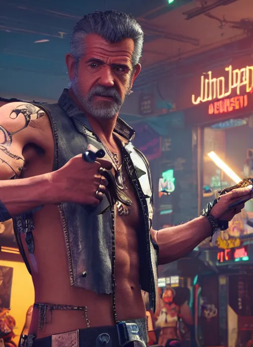 Image similar to film still of Mel Gibson as Johnny Silverhand in Cyberpunk 2077, gameplay, 8k, HD