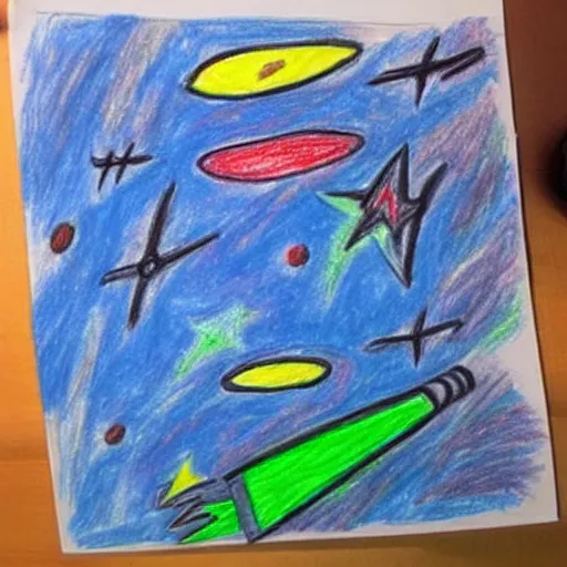 Image similar to a child's drawing of a space battle in crayon