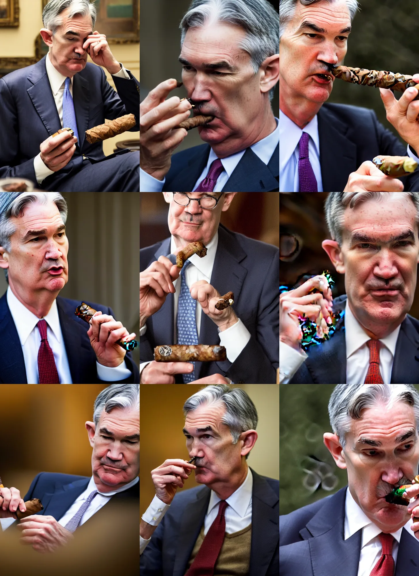 Prompt: jerome powell smoking a cigar, holding lots of money