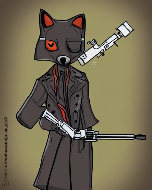 Image similar to a fox wearing a black trench - coat holding a mini - gun, comic art style, digital art,