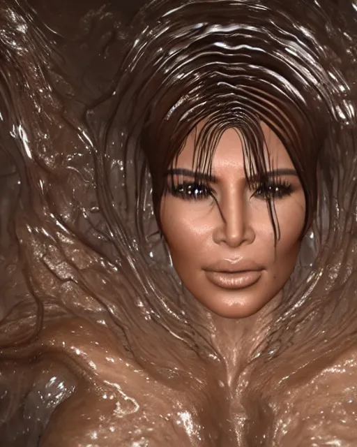 Image similar to epic still of kim kardashian trapped in a transparent alien liquid, wet flowing hair, gooey skin, illustration, unreal engine 5, 8 k, made by h. r. giger.