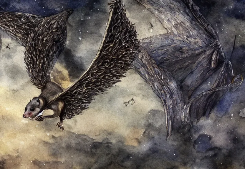 Image similar to epic winged possum flying over a medieval castle under a dark starred sky, dark fantasy, watercolor, dreaming illusion, highly detailed, 4k, trending on Artstation, award-winning