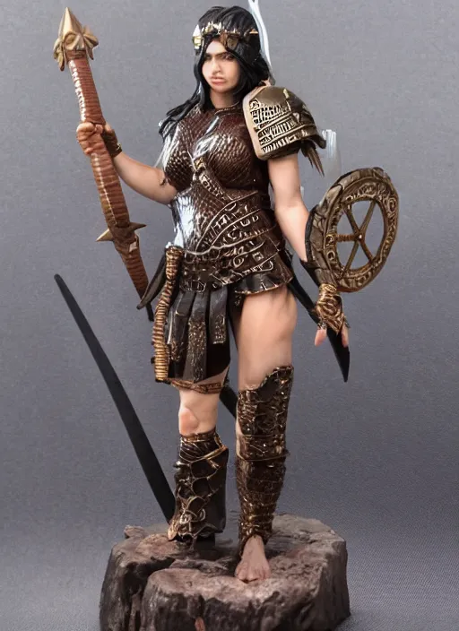 Prompt: 80mm resin detailed miniature of Queen of barbarian, clothed in armor, circlet, very muscular, brown skin, black hair, beautiful bone structure, symmetrical facial features, Product Introduction Photos, 4K, Full body