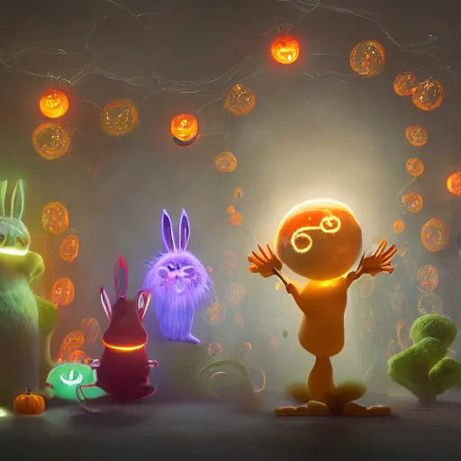 Image similar to halloween festival, expressive eyes, floating, rbc, bunny, radiolaria, protophyta, micro - organisms, center frame, symmetric, rim light, marine microbiology, bioluminescence, electric, fur, soft, concept art, intricate details, highly detailed, colorful, photorealistic, disney pixar, octane render,