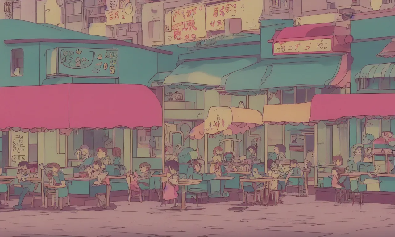 Prompt: A cute aesthetic still frame from an 80's or 90's anime, closeup of a cafe