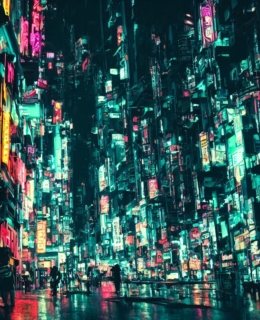 Image similar to cyberpunk city at night, night clubs and neons, rain, camera high, girl under lantern