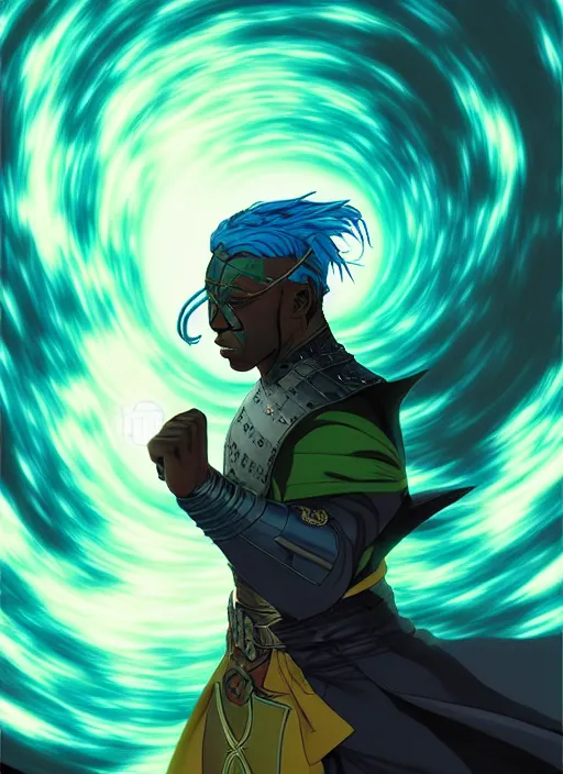 Prompt: style artgerm, joshua middleton, illustration, wesley snipes as a warrior monk wearing green pelt light armor, blue hair, swirling water cosmos, fantasy, dnd, cinematic lighting