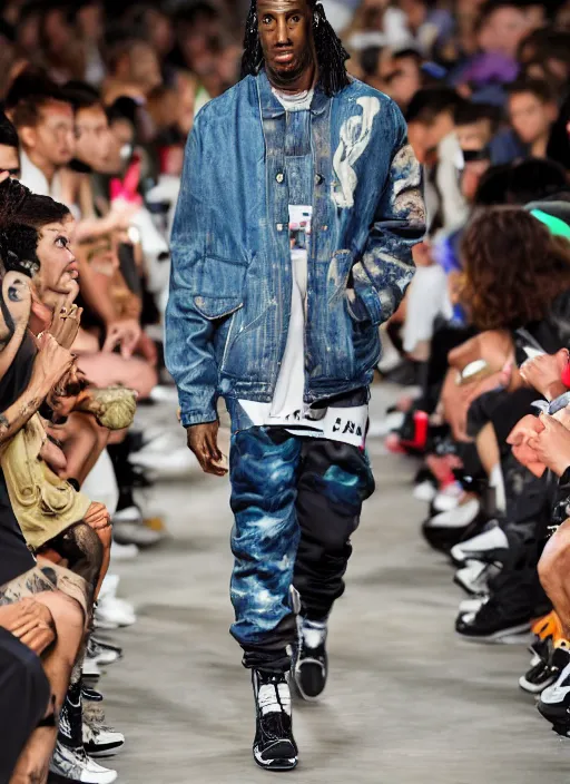 Image similar to hyperrealistic and heavy detailed nike runway show of travis scott, leica sl 2 5 0 mm, vivid color, high quality, high textured, real life