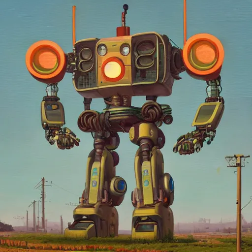 Image similar to an intricate oil painting of a giant anime robot with rounded and circular parts by simon stalenhag