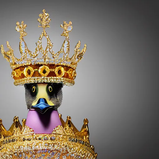 Prompt: hyperrealist highly detailed duck wearing crown wearing crown wearing crown wearing crown wearing crown wearing crown, glistening gold, concept art pascal blanche dramatic studio lighting 8k wide angle shallow depth of field