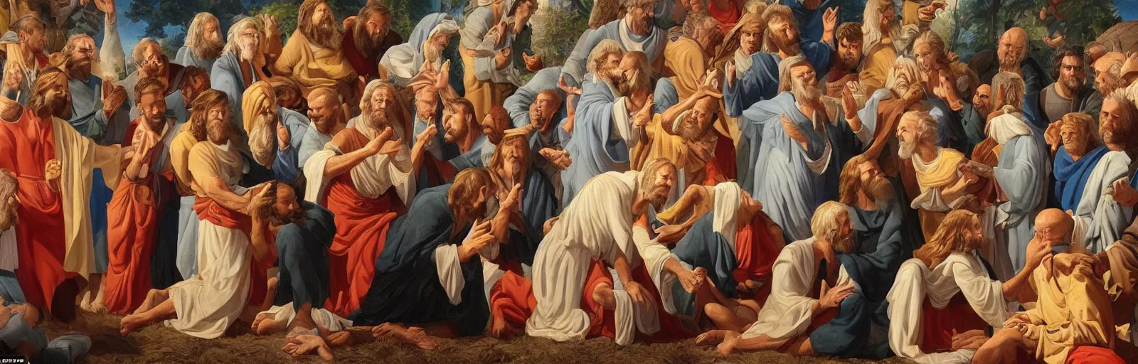 Image similar to Donald trump corrects Jesus in various situations in this highly detailed Mormon frieze