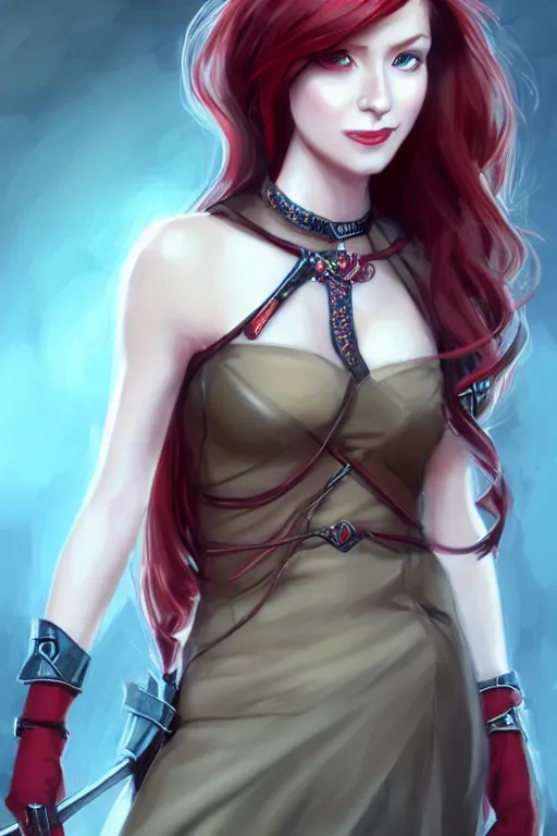 Image similar to a full body portrait of a gorgeous female ranger, looking at camera, D&D, choker on neck, stylish dress, very long flowing red hair, intricate, elegant, stylish, cute slightly nerdy smile, mouth slightly open, fantasy, extremely detailed, digital painting, artstation, concept art, smooth, sharp focus, illustration, stunning lighting, art by artgerm and greg rutkowski and alphonse mucha and simon stalenhag