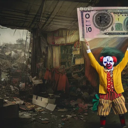 Prompt: A poor clown holding a giant dollar banknote, background is a slum, artstation, cgsociety, masterpiece