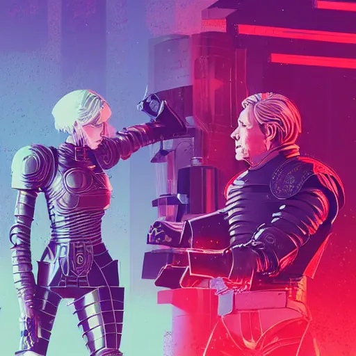 Image similar to jaime lannister and brienne of tarth fighting cyber zombies side by side, cyberpunk art by james gilleard, cgsociety, retrofuturism, synthwave, retrowave, outrun