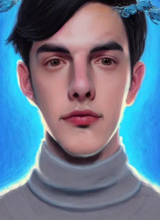 Image similar to portrait of teenage jughead jones wearing a light grey crown, crown, blue turtleneck, 1 9 5 0 s, closed eyes, photorealistic, black hair, glowing lighting, intricate, elegant, glowing lights, highly detailed, digital painting, artstation, concept art, smooth, sharp focus, illustration, art by wlop, mars ravelo and greg rutkowski