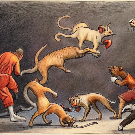 Image similar to cats fighting dogs and rats in a boxing match, detailed drawing, masterpiece