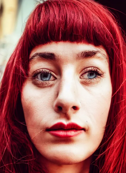 Image similar to close up portrait of beautiful Italian woman, red clothes, well-groomed model, candid street portrait award winning