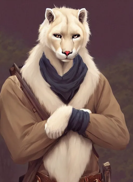 Image similar to beautiful portrait commission of a male furry anthro albino mountain lion wearing miner's clothes in the western frontier. Atmospheric. Character design by charlie bowater, ross tran, artgerm, and makoto shinkai, detailed, inked, western comic book art