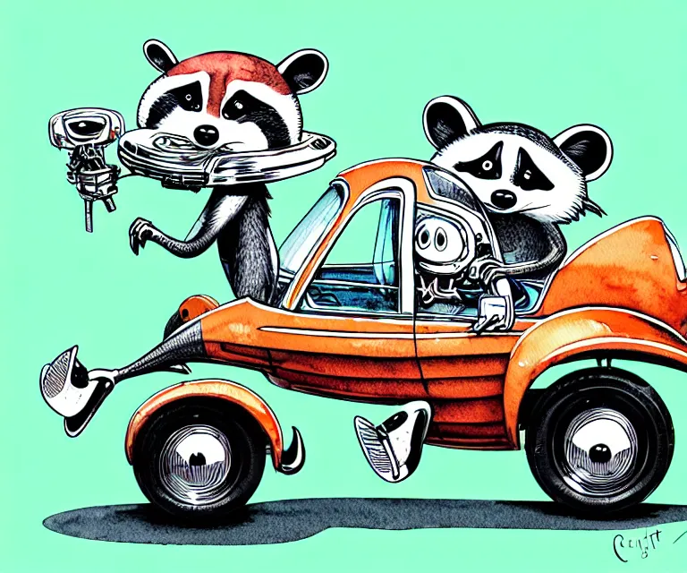 Prompt: cute and funny, racoon wearing a helmet riding in a tiny 2 0 1 7 infinti qx 8 0, ratfink style by ed roth, centered award winning watercolor pen illustration, isometric illustration by chihiro iwasaki, edited by range murata