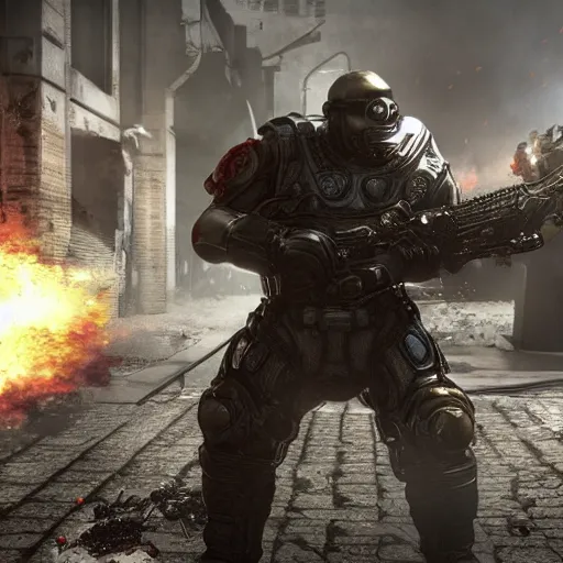 Prompt: burger king kurger bing mascot in gears of war, cinematic shot, hyperdetailed