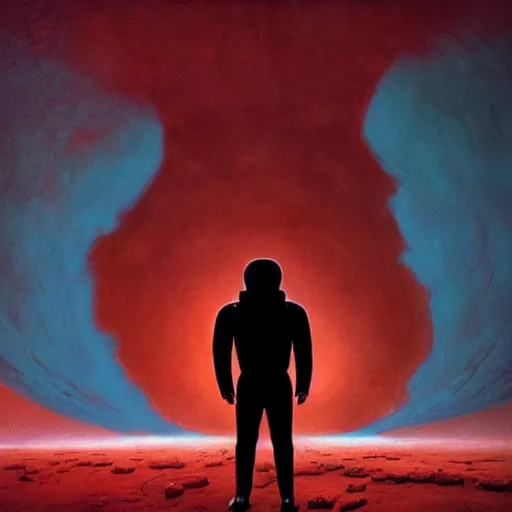 Image similar to ultra realistic, astronaut standing in front of an eerie hell cathedral on a destroyed planet in soace, there’s a large obsidian vortex in the sky in the art style of Zdzisław Beksiński, black and red background, occult, photo realistic, dark atmosphere